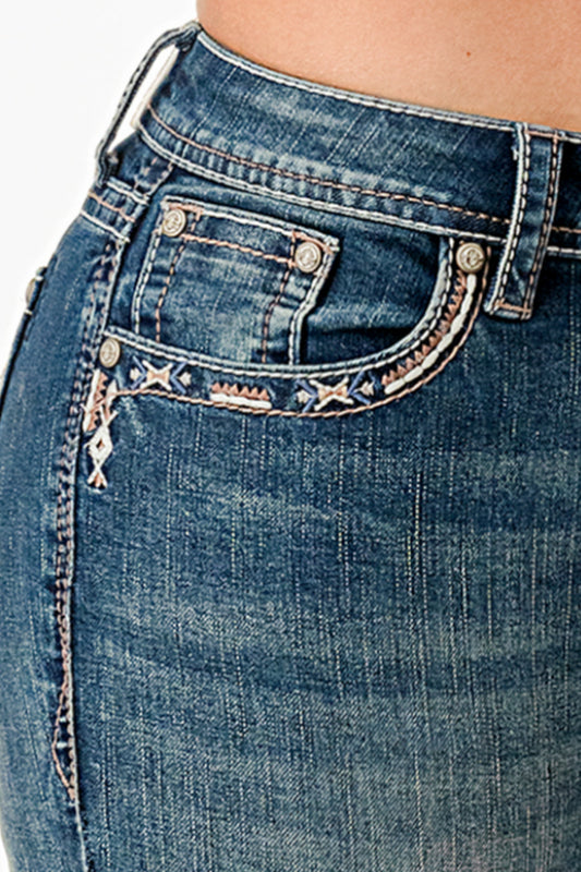 Tan Steer Head & Tribal Feathers Mid Rise Bootcut Embroidered Jeans