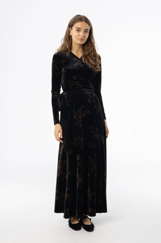 Black & Brown Printed Velour Wrap Dress