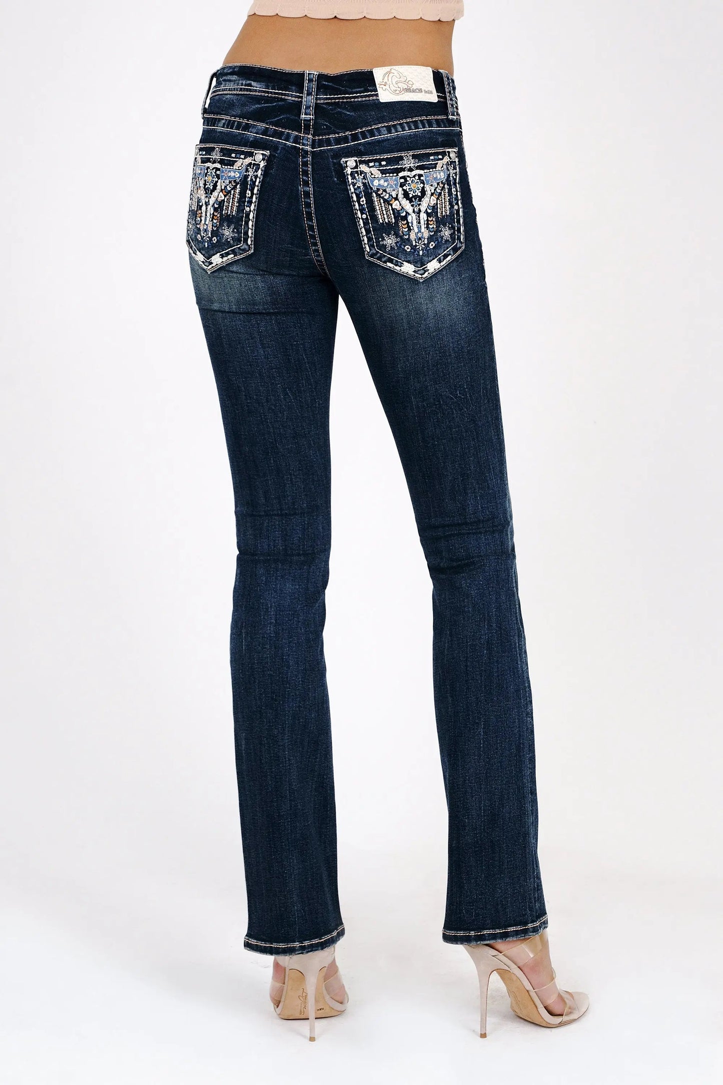 Steer Head Crystals Embroidered Mid Rise Bootcut Jeans