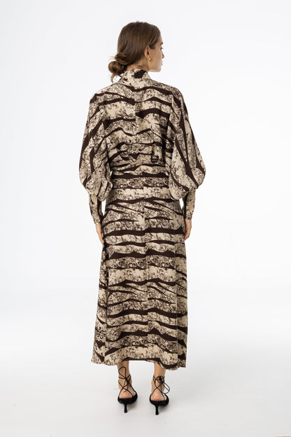 Brown Printed Draped Maxi Dress