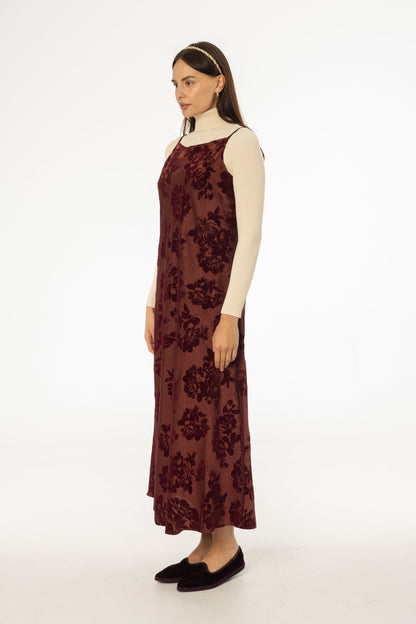 Burgundy Flower Print Velvet Slip Jumper
