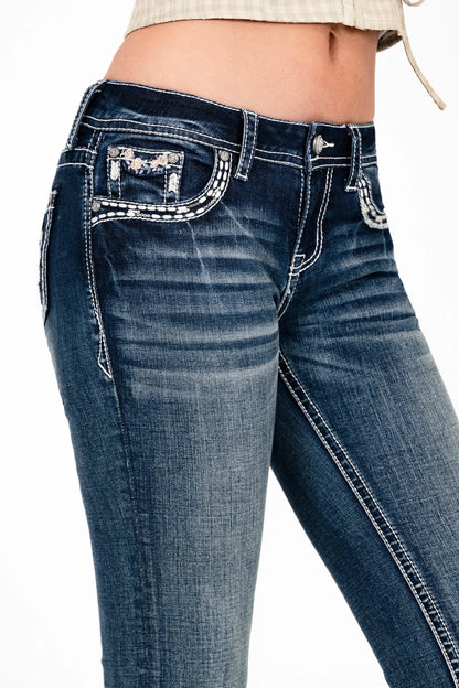 Butterfly Horse Shoe Embroidered Mid Rise Bootcut Jeans
