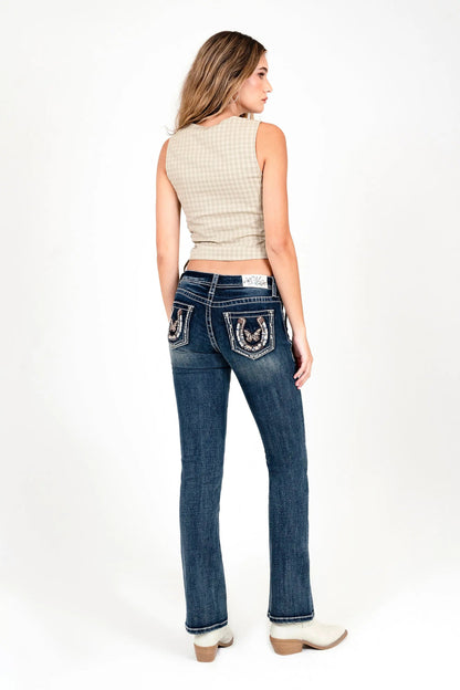 Butterfly Horse Shoe Embroidered Mid Rise Bootcut Jeans