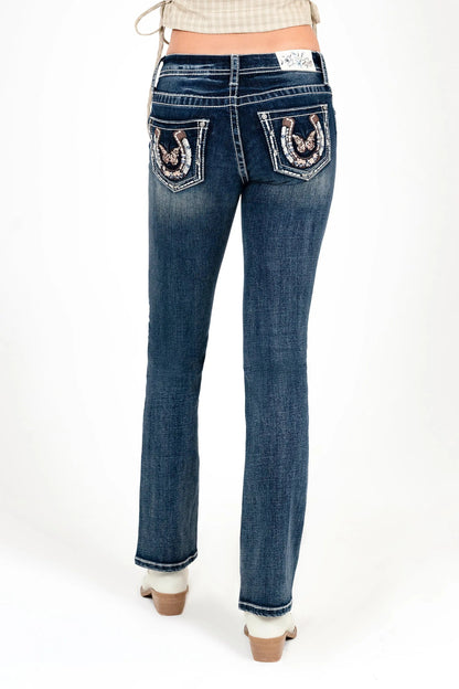 Butterfly Horse Shoe Embroidered Mid Rise Bootcut Jeans