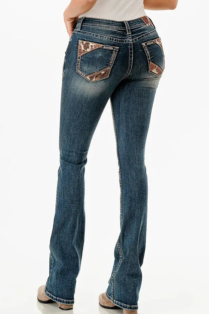 Cow Hide Trim Mid Rise  Bootcut Jeans