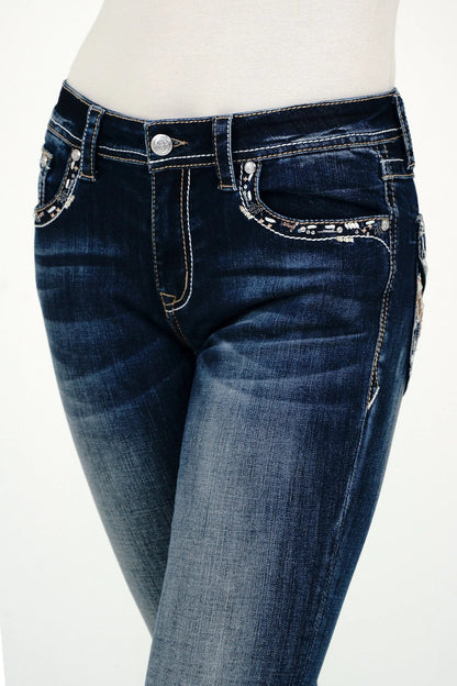 Cow Hide Trims Faux Flap Mid Rise Bootcut Jeans
