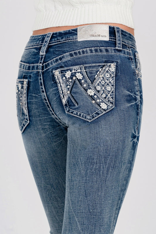 Flower Rhinestone Pocket Mid Rise Bootcut Jeans