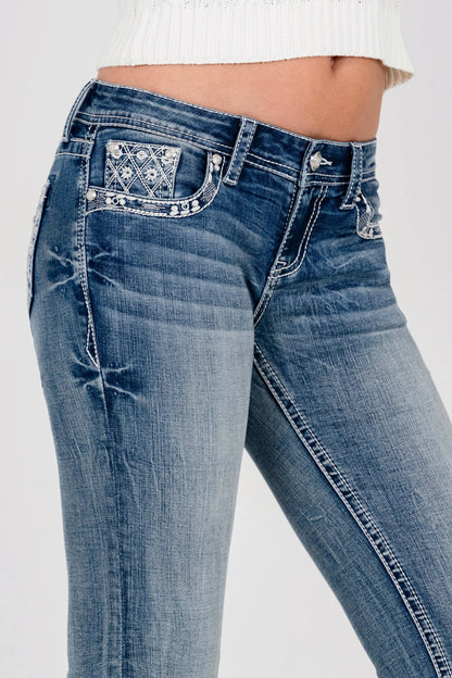 Flower Rhinestone Pocket Mid Rise Bootcut Jeans